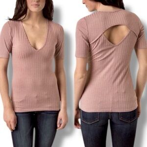 BKE Red Label Ribbed V-Neck Open Back Knit Top - Dusty Rose Size S